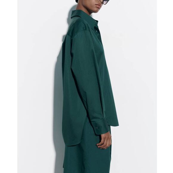 Zara Asymmetric Poplin Button Up Long Sleeve Shirt in Duck Green - Picture 2 of 10